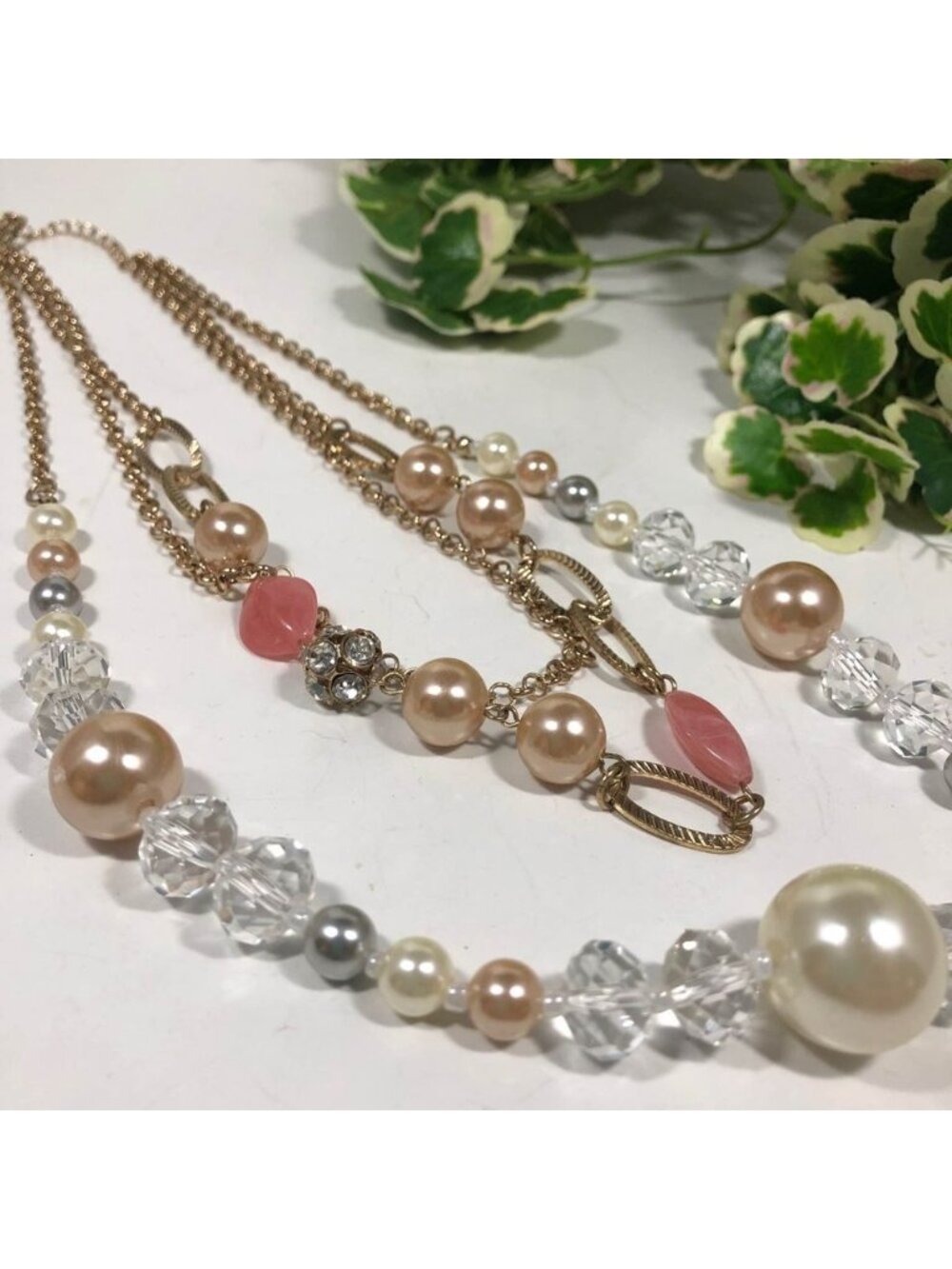 Multilayer Gold Chain Necklace Faux Pearl Crystal Beads Pink Accents Elegant
